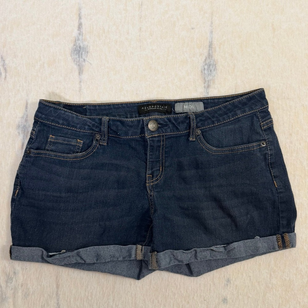 Aeropostale Denim Shorts Womens Midi Dark Wash Cuffed Stretch Size‎ 8